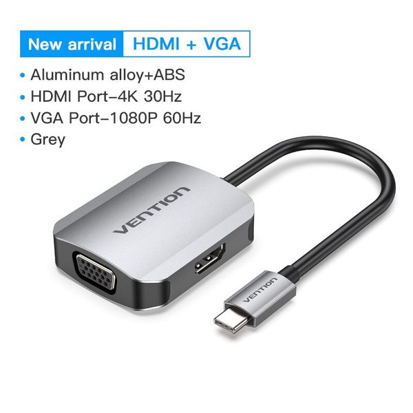 Адаптер Type-C-HDMI-VGA v.1.4 Vention 4K 30Hz gold-plated 0.15m Grey (TDIHB) TDIHB фото