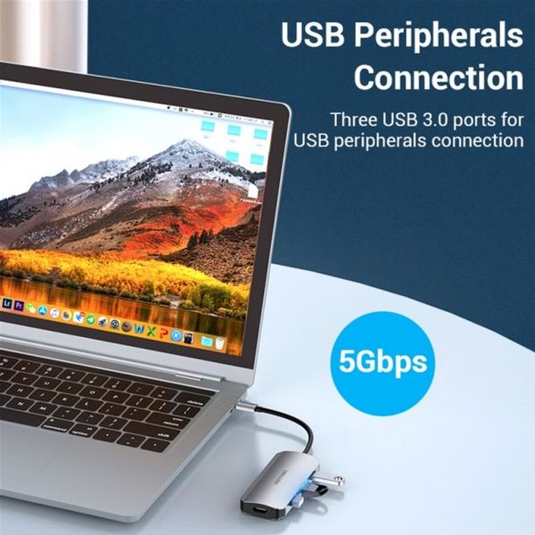 USB HUB 5 в 1 Vention Type-C-HDMI-USB 3USB 3.0 1Type-C 3.1 PD 100W 4K 30Hz 5Gbps TODHB фото