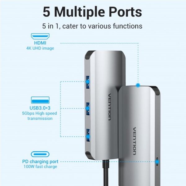 USB HUB 5 в 1 Vention Type-C-HDMI-USB 3USB 3.0 1Type-C 3.1 PD 100W 4K 30Hz 5Gbps TODHB фото