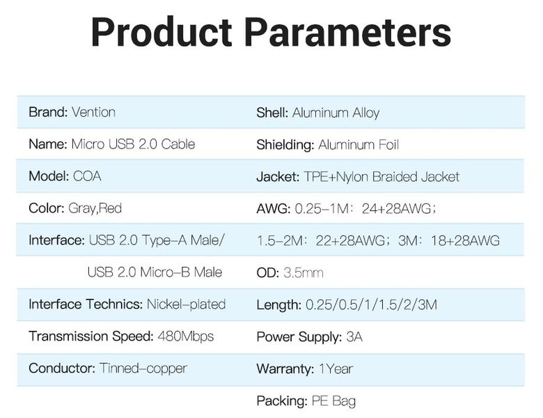 Кабель USB-MicroUSB Vention TPE Nylon 3A 480Mbps nickel-plated COAHC фото
