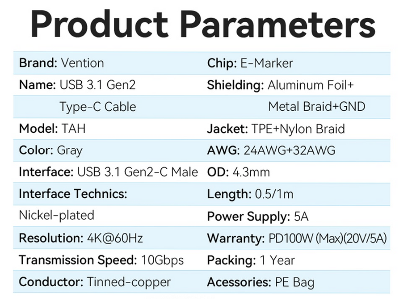 Кабель Type-C-Type-C 3.1 Gen2 Vention TPE Nylon Thunderbolt 3 4K 60Hz PD 100W 5A 10Gbps nickel-plated TAHHF фото