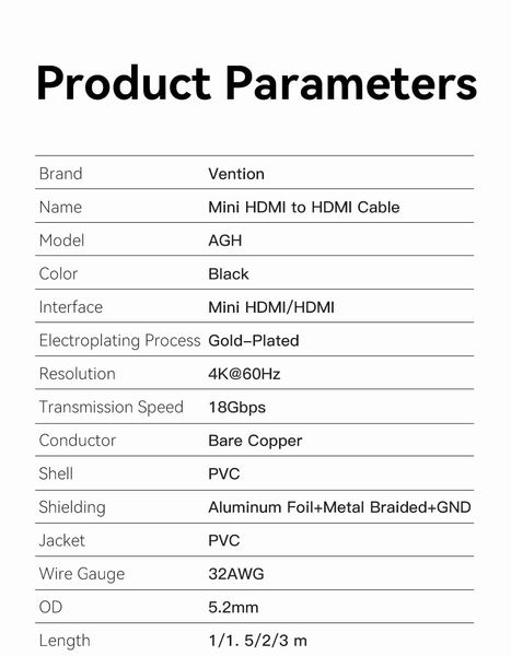 Кабель HDMI-miniHDMI v.2.0 Vention Metal GND 4K 60Hz 18Gbps HDR Video Dolby Audio AGHBG фото