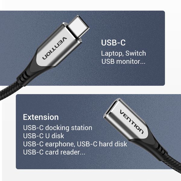 Удлинитель Type-C-Type-C 3.1 Vention Nylon M/F Thunderbolt 3 4K 60Hz PD 60W 5Gbps 3A TABHF фото