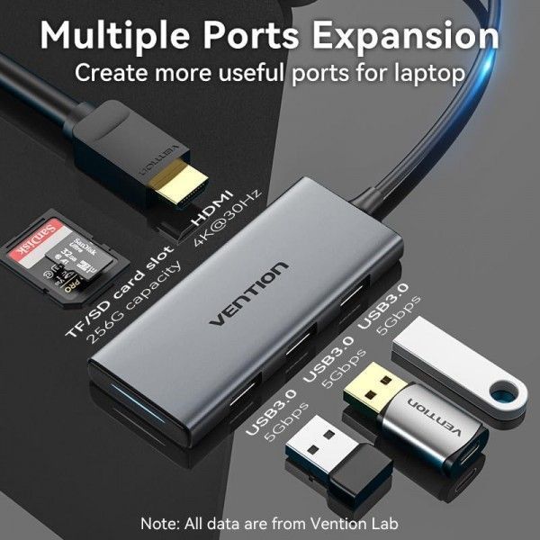 Док-станція USB3.0 Type-C HDMI 4K30Hz/TF/3xUSB-A 3.0 0.15м 6-in-1 Vention TOOHB фото
