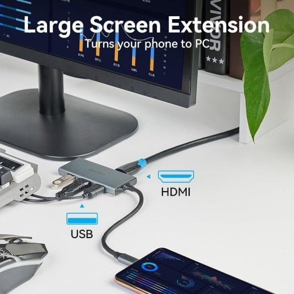 Док-станція USB3.0 Type-C HDMI 4K30Hz/TF/3xUSB-A 3.0 0.15м 6-in-1 Vention TOOHB фото
