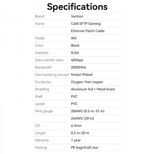 Патч-корд RJ45-RJ45 Vention Ethernet CAT8 SFTP 40Gbps 2000MHz Copper PVC Round 8m Black (IKKBK) IKKBI фото