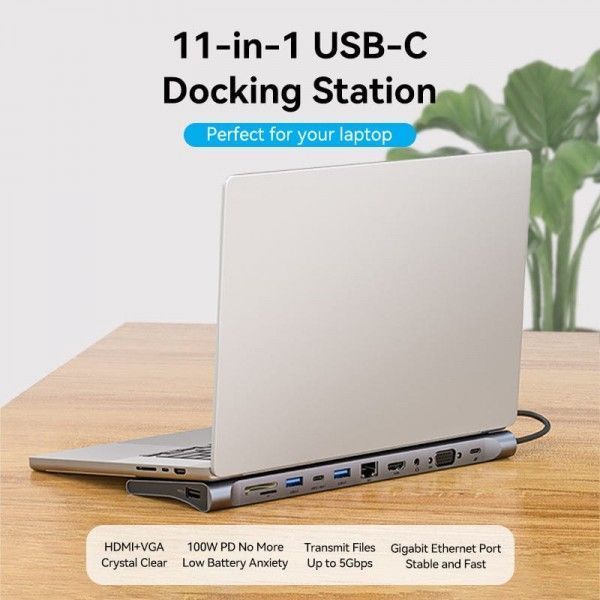 Док-станція USB3.1 Type-C HDMI 4K30Hz/VGA/USB3.0x3/RJ45/SD/TF/TRRS 3.5mm/PD 100W Vention 11in1 THTHC фото