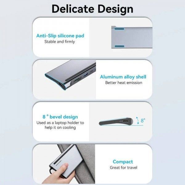 Док-станція USB3.1 Type-C HDMI 4K30Hz/VGA/USB3.0x3/RJ45/SD/TF/TRRS 3.5mm/PD 100W Vention 11in1 THTHC фото