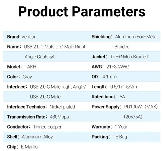 Кабель Type-C-Type-C Vention TPE Nylon 90° Degree PD 100W 5A 480Mbps nickel-plated TAKHD фото