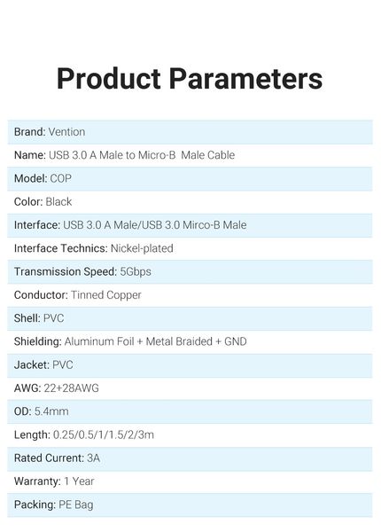 Кабель USB-MicroUSB-B 3.0 Vention PVC Round nickel-plated 5Gbps COPBC фото