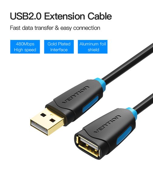 Подовжувач USB-USB 2.0 Vention F/M PVC Round gold-plated 480Mbps CBCBJ фото