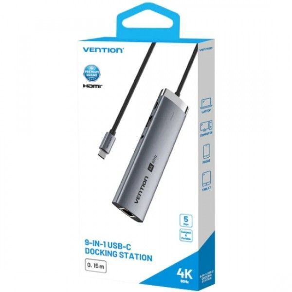 Док-станція USB3.2 Type-C HDMI 4K60Hz/USB 3.0x2/RJ45/SD/TF/3.5mm/PD 100W Hub 9-in-1 Vention TGVHB фото