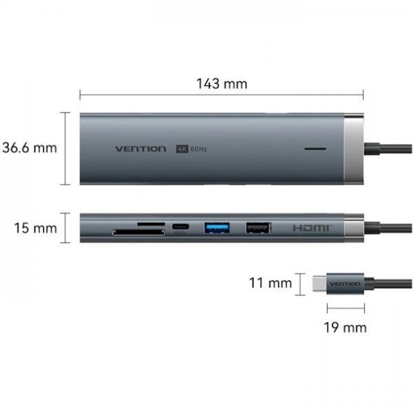 Док-станція USB3.2 Type-C HDMI 4K60Hz/USB 3.0x2/RJ45/SD/TF/3.5mm/PD 100W Hub 9-in-1 Vention TGVHB фото