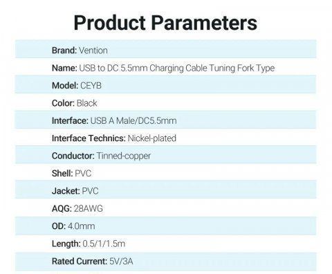 Кабель USB-DC5.5mm Vention PVC 5V 3A CEYBF фото