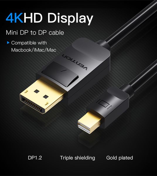 Кабель MiniDisplayPort-DisplayPort v.1.2 Vention 4K 2K 60Hz 21.6Gbps HAABG фото