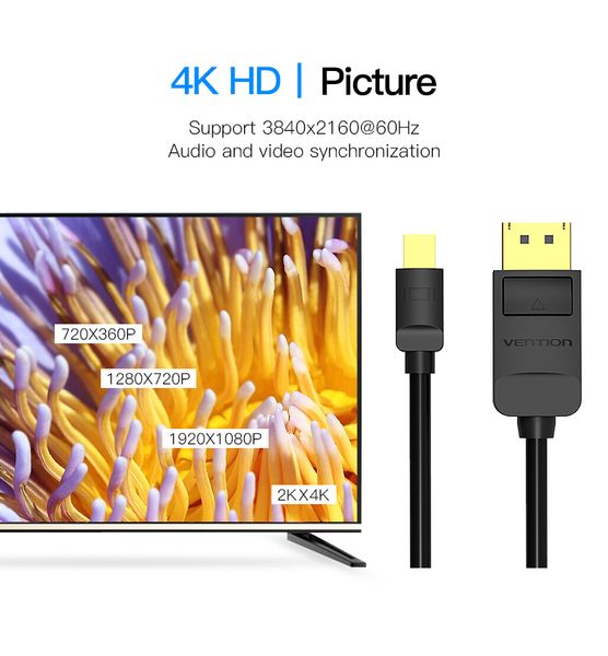 Кабель MiniDisplayPort-DisplayPort v.1.2 Vention 4K 2K 60Hz 21.6Gbps HAABG фото