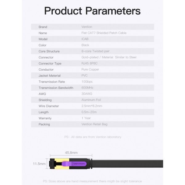 Патч-корд RJ45-RJ45 Vention LAN CAT7 SFTP 10Gbps 600MHz Copper PVC Flat ICABF фото