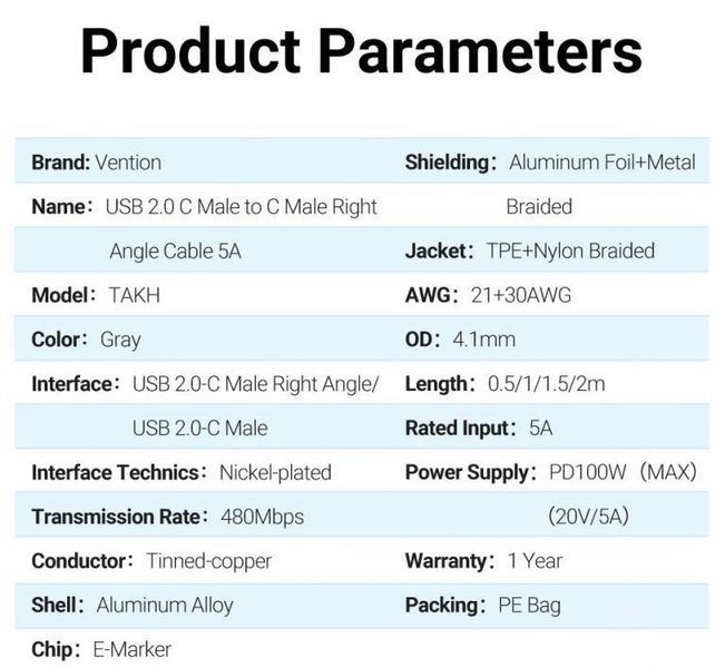 Кабель Type-C-Type-C Vention TPE Nylon 90&deg; Degree PD 100W 5A 480Mbps nickel-plated TAKHG фото