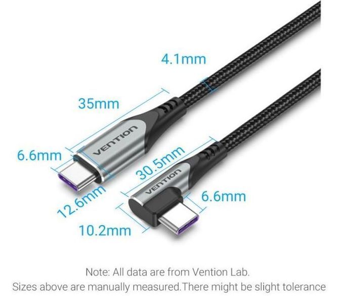 Кабель Type-C-Type-C Vention TPE Nylon 90&deg; Degree PD 100W 5A 480Mbps nickel-plated TAKHG фото