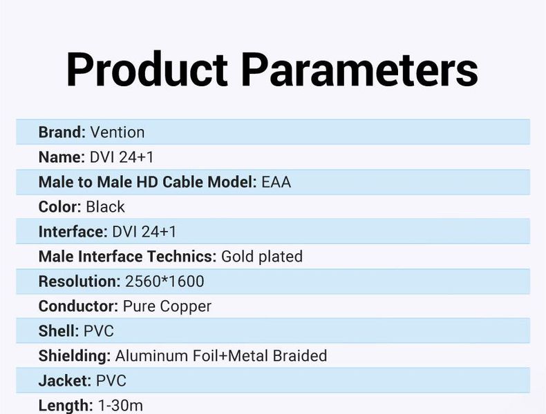 Кабель DVI-D-DVI-D (24+1) Vention PVC 2K 60Hz Dual Linik gold-plated EAABG фото
