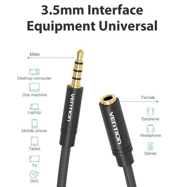 Подовжувач Audio Aux 3.5мм-3.5мм M/F Vention gold-plated VAB-B06-B200-M фото