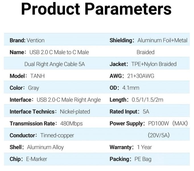 Кабель Type-C-Type-C Vention TPE Nylon Double 90° Degree PD 100W 5A 480Mbps nickel-plated TANHF фото