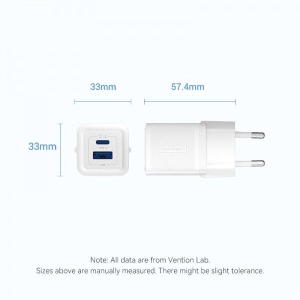 Адаптер сетевой 1USB 1Type-C Vention (C+A) GaN III PD 30W QC3.0 3A FEQB0-EU фото