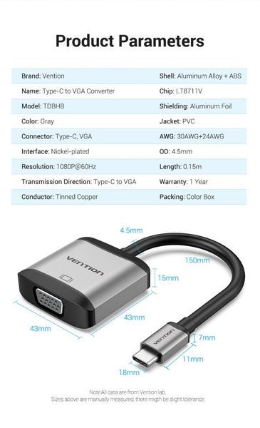 Адаптер Type-C-VGA Vention Upgrade 1080P 60Hz gold-plated 0.15m Grey (TDBHB) TDBHB фото