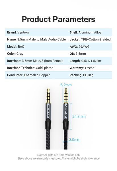 Кабель Audio Aux 3.5мм-3.5мм Vention TRRS M/M Round Nylon gold-plated BAQHG фото