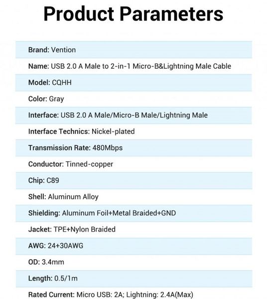 Кабель 2 в 1 USB-MicroUSB-Lightning Vention TPE Nylon MFi C89 2.4А 480Mbps nickel-plated CQHHD фото