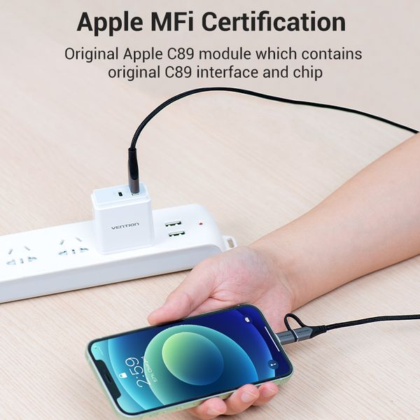 Кабель 2 в 1 USB-MicroUSB-Lightning Vention TPE Nylon MFi C89 2.4А 480Mbps nickel-plated CQHHD фото