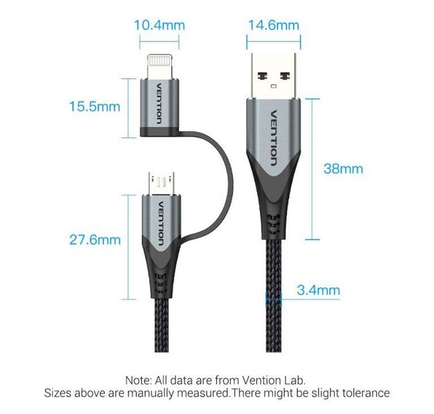 Кабель 2 в 1 USB-MicroUSB-Lightning Vention TPE Nylon MFi C89 2.4А 480Mbps nickel-plated CQHHD фото