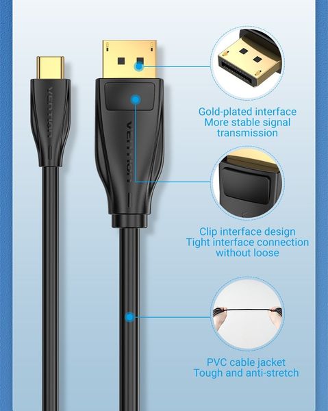 Кабель Type-C-DisplayPort v1.4 Vention PVC 8K 60Hz 4K 144Hz 2k 165Hz 1080P 240Hz 21.6Gbps gold-plated CGYBF фото