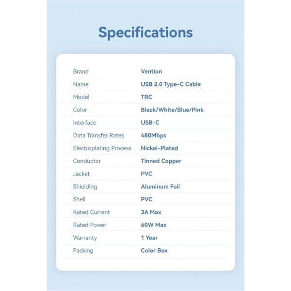 Кабель Type-C-Type-C Vention TPE PVC Round PD 60W 3A 480Mbps TRCBF фото