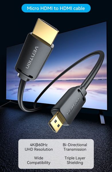 Кабель HDMI-microHDMI v.2.0 Vention Metal GND 4K 60Hz 18Gbps HDR Video Dolby Audio AGIBF фото