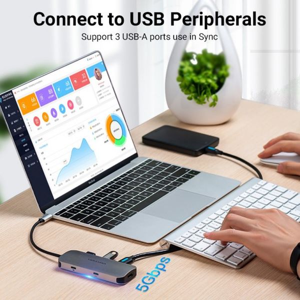 USB HUB 6 в 1 Vention Type-C-HDMI-USB 3USB 3.0 2Type-C 3.1 PD 100W 4K 30Hz 5Gbps TOFHB фото