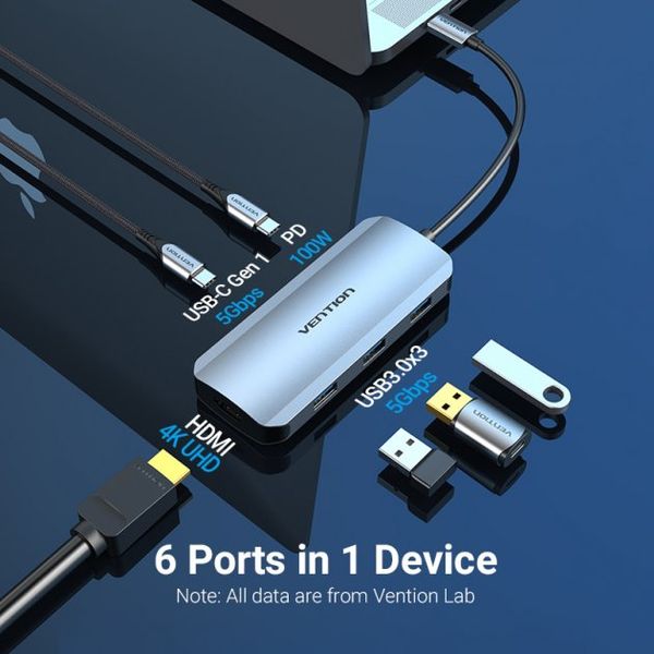 USB HUB 6 в 1 Vention Type-C-HDMI-USB 3USB 3.0 2Type-C 3.1 PD 100W 4K 30Hz 5Gbps TOFHB фото