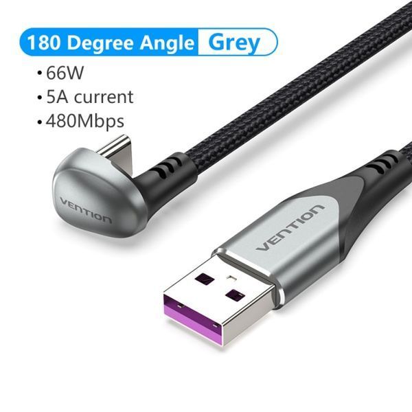 Кабель USB-Type-C Vention TPE Nylon U-Shaped 180&deg; PD 66W 5A 480Mbps nickel-plated COHHG фото
