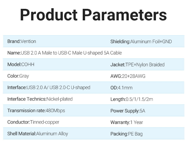 Кабель USB-Type-C Vention TPE Nylon U-Shaped 180&deg; PD 66W 5A 480Mbps nickel-plated COHHG фото