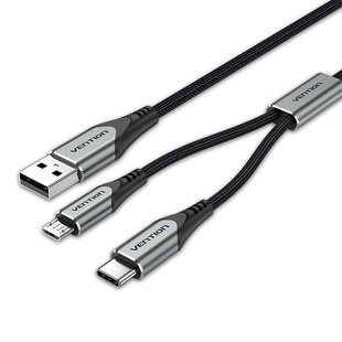 Кабель 2 в 1 USB-MicroUSB-Type-C Vention Nylon 2.4А 480Mbps nickel-plated CQGHD фото