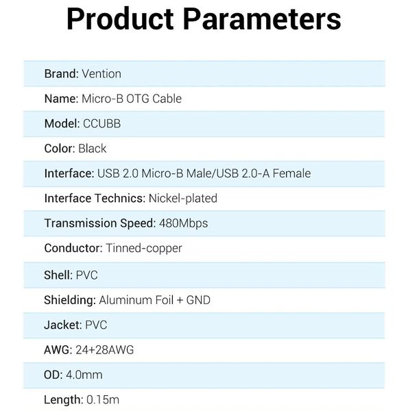 Адаптер USB-MicroUSB OTG 2.0 Vention PVC Round 2A 480Mbps nickel-plated 0.15m Black (CCUBB) CCUBB фото