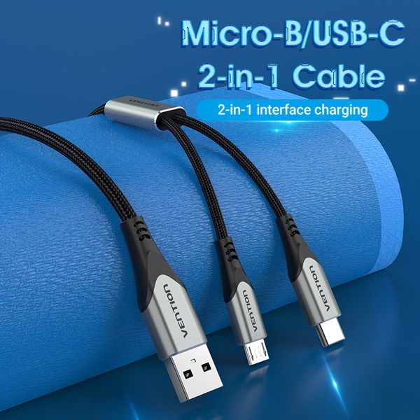 Кабель 2 в 1 USB-MicroUSB-Type-C Vention Nylon 2.4А 480Mbps nickel-plated CQGHD фото