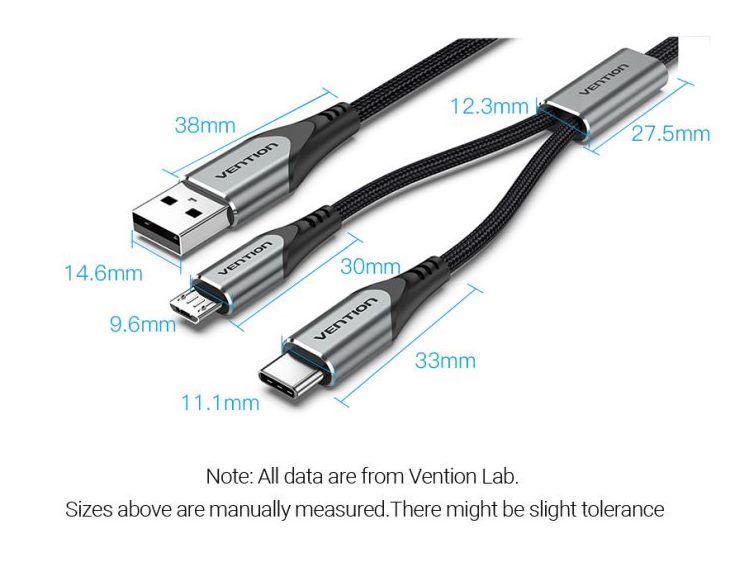 Кабель 2 в 1 USB-MicroUSB-Type-C Vention Nylon 2.4А 480Mbps nickel-plated CQGHD фото