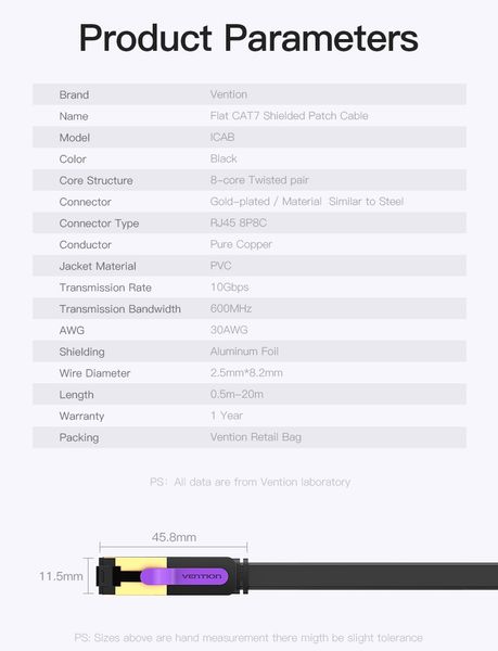 Патч-корд RJ45-RJ45 Vention LAN CAT7 SFTP 10Gbps 600MHz Copper PVC Flat ICABQ фото