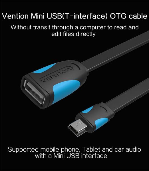 Адаптер USB-MiniUSB 5pin OTG 2.0 Vention PVC Flat 2A 480Mbps nickel-plated 0.25m Black (VAS-A19-025) VAS-A19-B025 фото