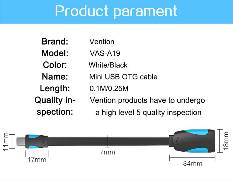 Адаптер USB-MiniUSB 5pin OTG 2.0 Vention PVC Flat 2A 480Mbps nickel-plated 0.25m Black (VAS-A19-025) VAS-A19-B025 фото