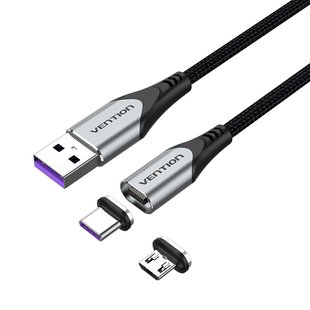 Кабель 2 в 1 USB-MicroUSB-Type-C Vention Nylon Magnetic 3А 480Mbps nickel-plated CQNHD фото