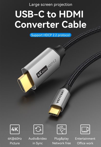 Кабель Type-C-HDMI 2.0 4K 60Hz HDCP 2.2 Thunderbolt 3 Vention Cotton Braided CRBBF фото