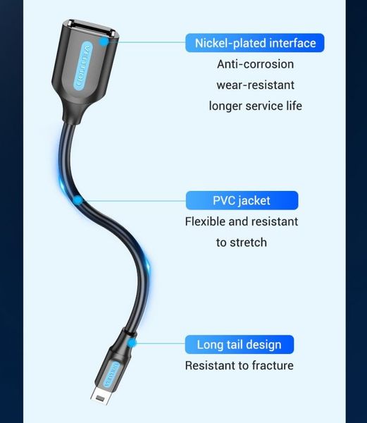 Адаптер USB-MiniUSB 5pin OTG 2.0 Vention PVC Round 2A 480Mbps nickel-plated 0.15m Black (CCTBB) CCTBB фото