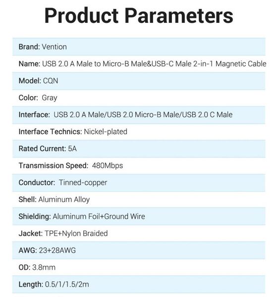 Кабель 2 в 1 USB-MicroUSB-Type-C Vention Nylon Magnetic 3А 480Mbps nickel-plated CQNHD фото